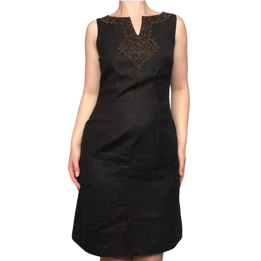 Vintage 60s 70s Mod Beaded Black Linen Cocktail Party Sheath Mini Dress Gold